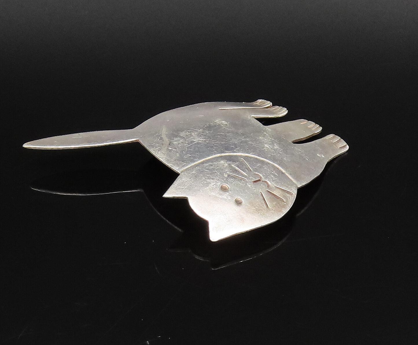 MEXICO 925 Sterling Silver Vintage Minimalist Etched Cat Brooch Pin BP10038