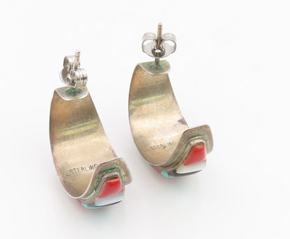 925 Sterling Silver Vintage Earrings NAVAJO ZUNI Multi Gemstone Hoops  EG13896