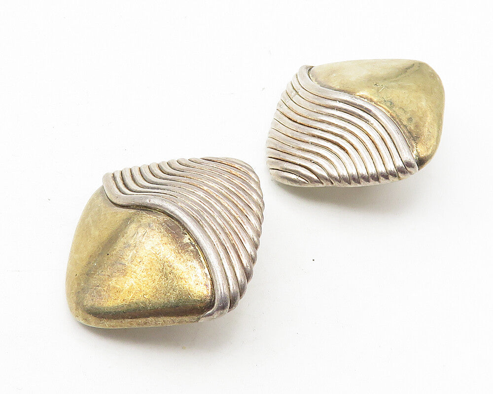 925 Sterling Silver  Vintage Two Tone Modernist Non Pierce Earrings  EG5703