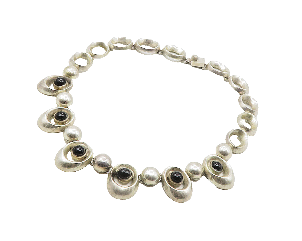 MEXICO 925 Sterling Silver  Vintage Black Gemstone Hinge Chain Necklace  NE2217