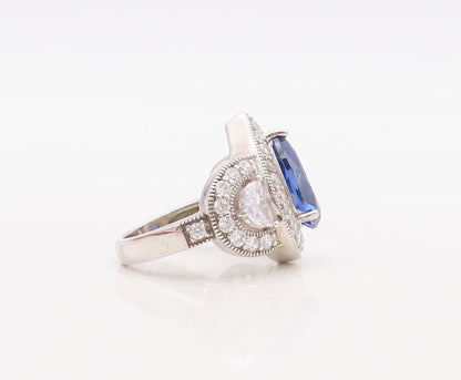 925 Sterling Silver Vintage Ring Drop Cut Sapphire Halo CZ Inlay  Sz 7  RG30657