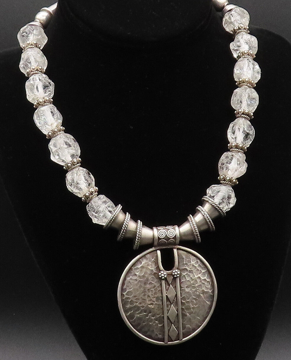 Solid Silver Vintage Heavy Hammered Circle Beaded Clear Stone Necklace  NE3916