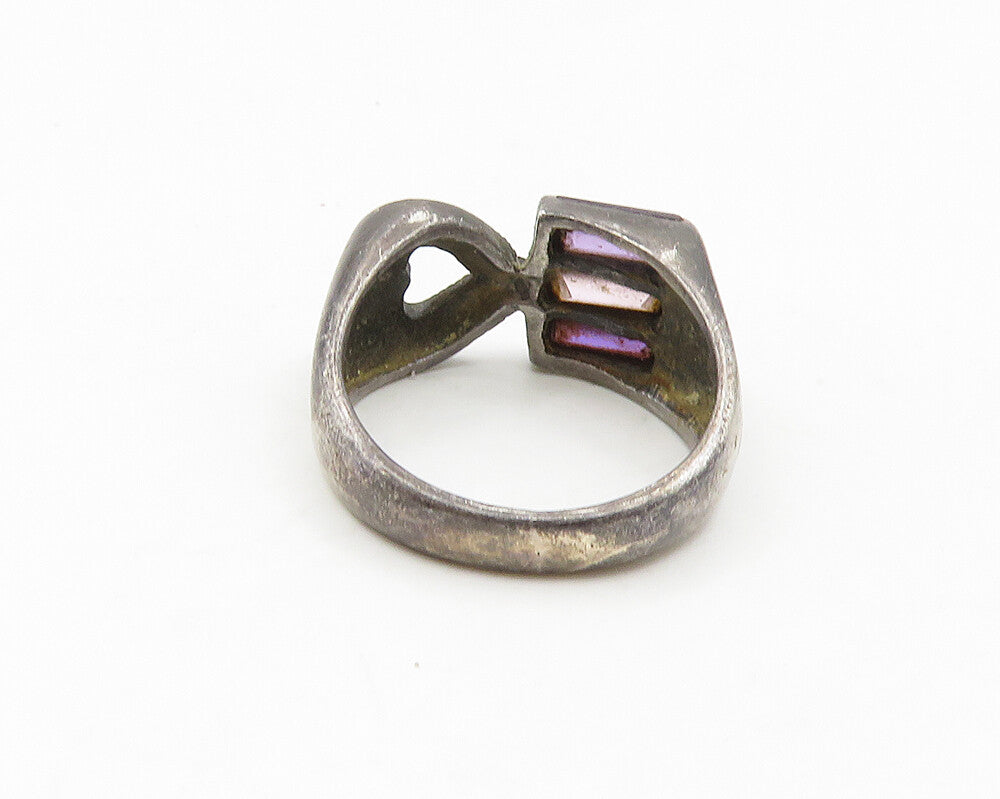 925 Sterling Silver  Vintage Amethyst & Topaz Heart Band Ring Sz 6  RG18694
