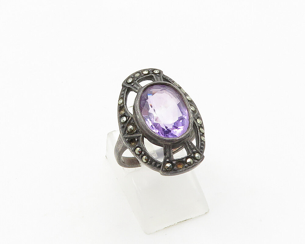 925 Sterling Silver  Vintage Victorian Amethyst Cocktail Ring Sz 7.5  RG18705