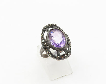925 Sterling Silver  Vintage Victorian Amethyst Cocktail Ring Sz 7.5  RG18705