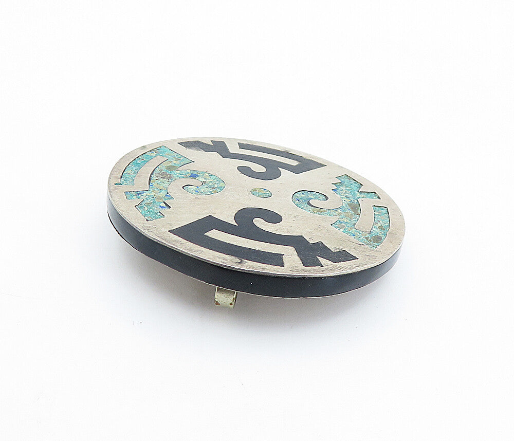 TAXCO MEXICO 925 Silver  Vintage Turquoise & Onyx Inlay Brooch Pin  BP1352