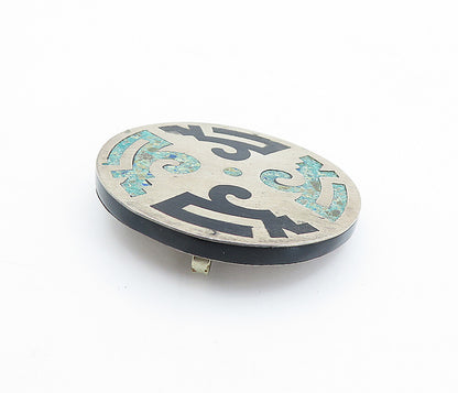 TAXCO MEXICO 925 Silver  Vintage Turquoise & Onyx Inlay Brooch Pin  BP1352