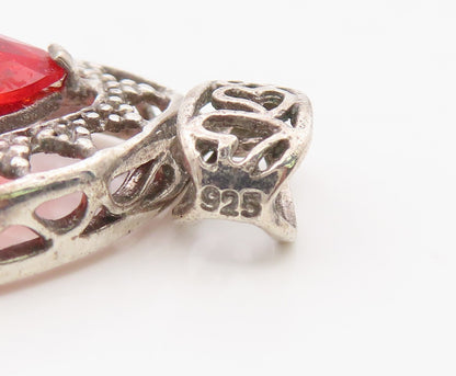 925 Sterling Silver Vintage Pendant Marquise Cut Ruby Openwork Charm  PT26347
