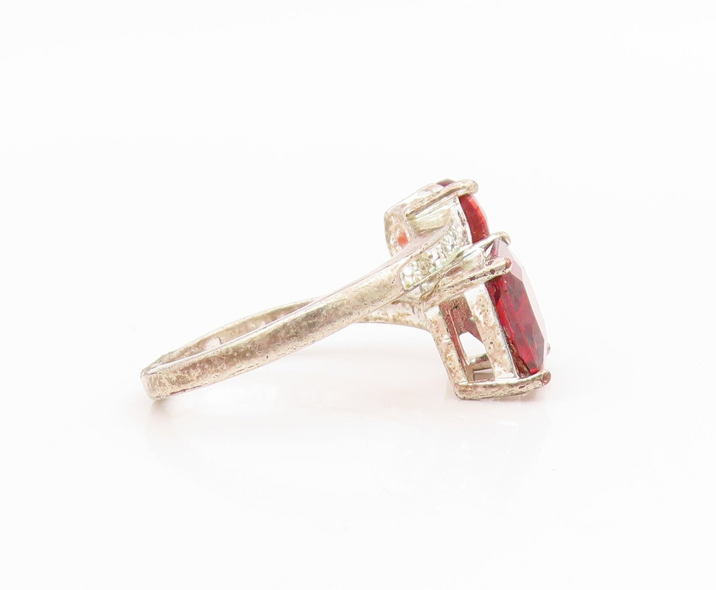 925 Sterling Silver Vintage Ring Two Shape Red CZ Elegant Bypass  Sz 6  RG34620