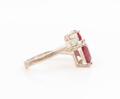 925 Sterling Silver Vintage Ring Two Shape Red CZ Elegant Bypass  Sz 6  RG34620