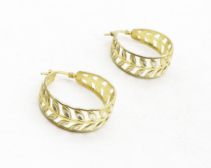 925 Sterling Silver  Shiny Two Tone Floral Leaf Vine Hoop Earrings  EG6493