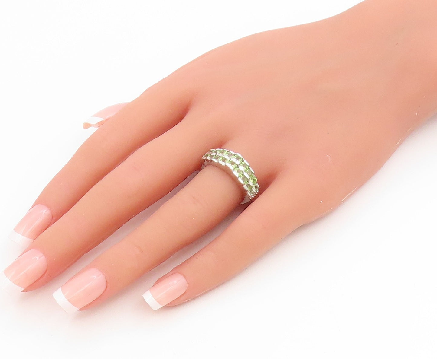 925 Sterling Silver Vintage Ring Peridot Double Row Wide Band  Sz 7.5  RG36165