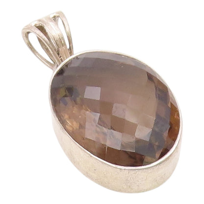 925 Sterling Silver  Vintage Faceted Smoky Topaz Oval Drop Pendant  PT9670
