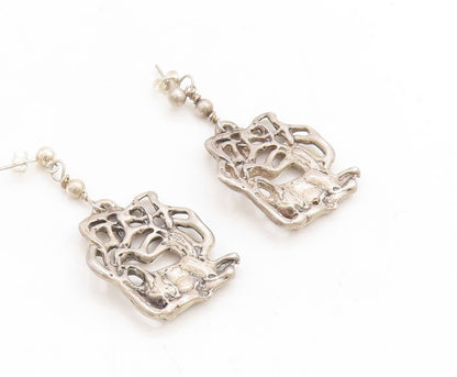 925 Sterling Silver Vintage Earrings Dark Tone Brutalist Deer Carved  EG13313