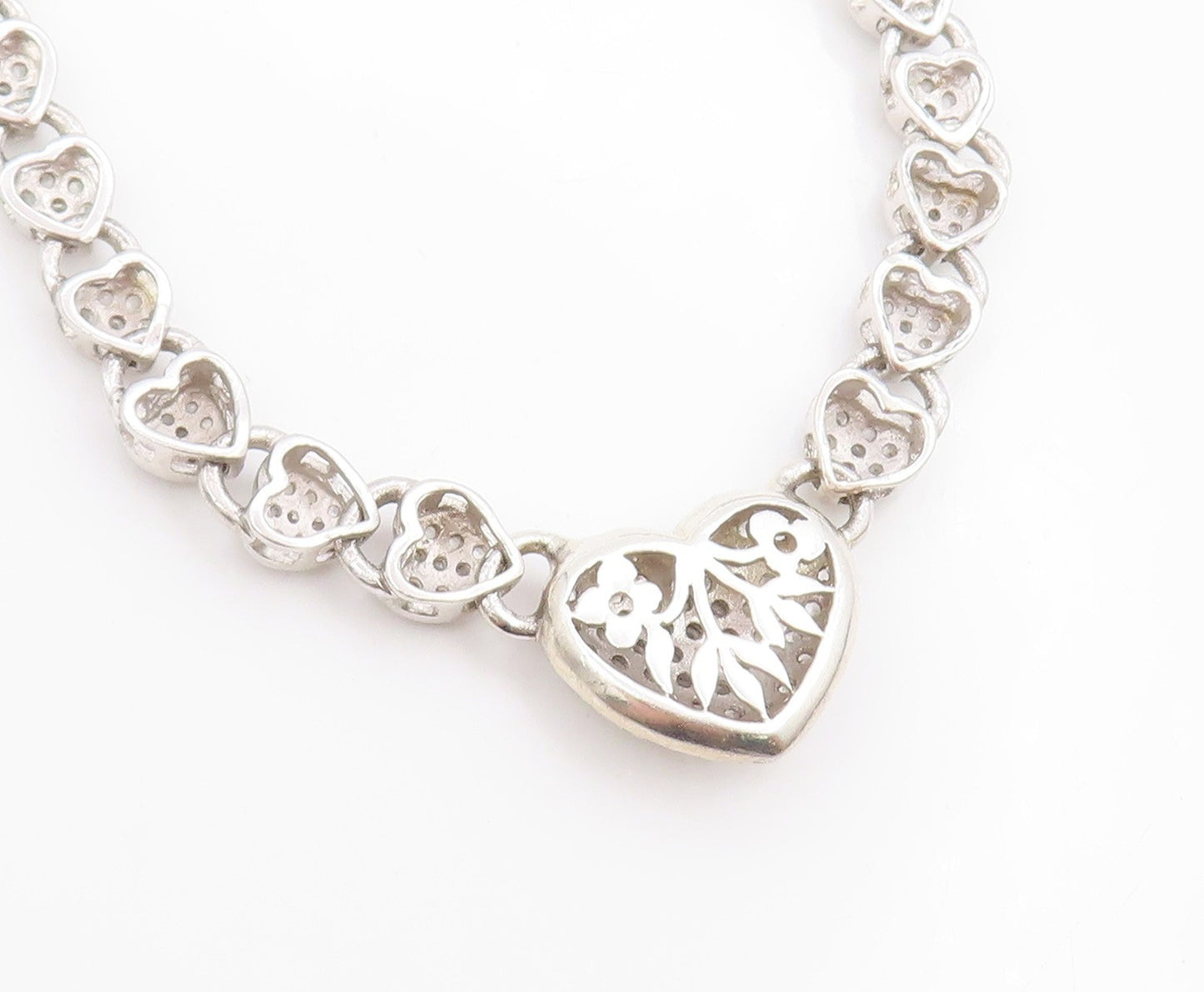 925 Sterling Silver Vintage Necklace Clustered CZ Solid Love Heart Chain  NE4658