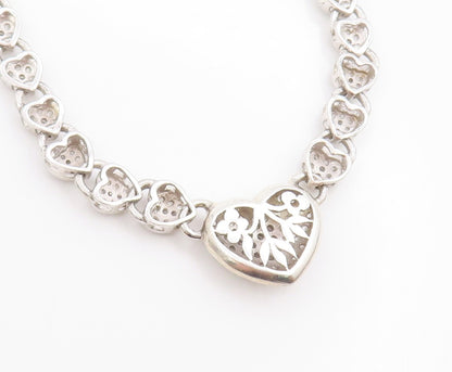 925 Sterling Silver Vintage Necklace Clustered CZ Solid Love Heart Chain  NE4658