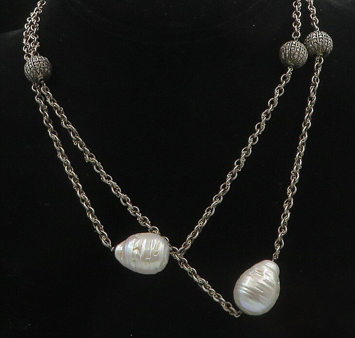 925 Silver  Vintage Genuine Diamonds & Baroque Pearls Chain Necklace  NE3218