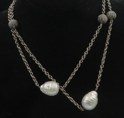925 Silver  Vintage Genuine Diamonds & Baroque Pearls Chain Necklace  NE3218