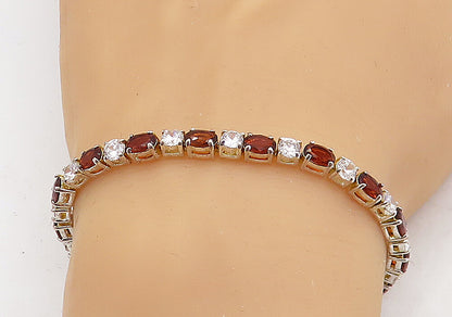 925 Sterling Silver  Cubic Zirconia & Red Topaz Shiny Tennis Bracelet  BT2164