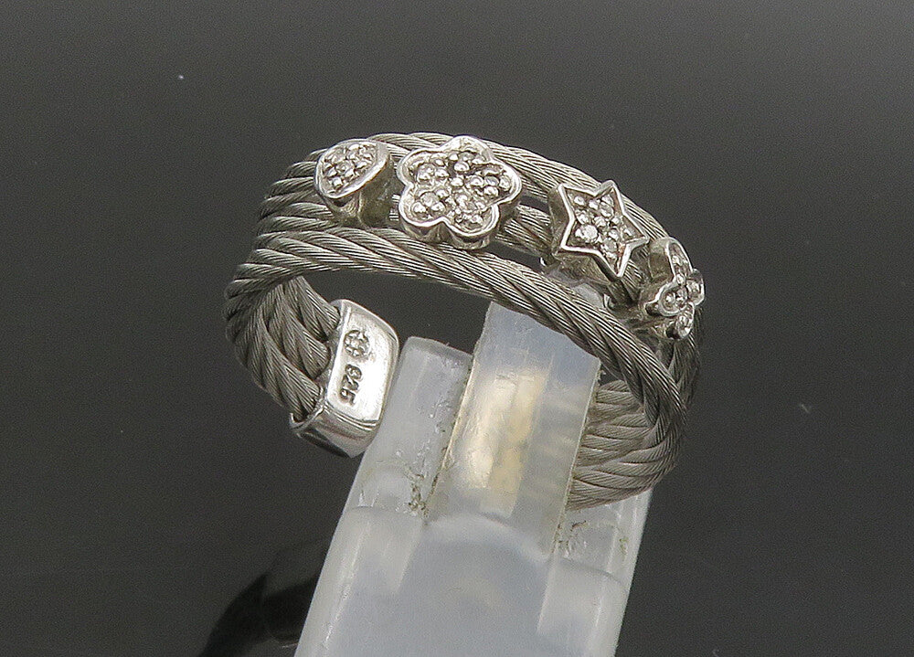 925 Silver  Vintage Genuine Diamonds Star Floral Twist Band Ring Sz 7  RG21853