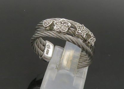 925 Silver  Vintage Genuine Diamonds Star Floral Twist Band Ring Sz 7  RG21853