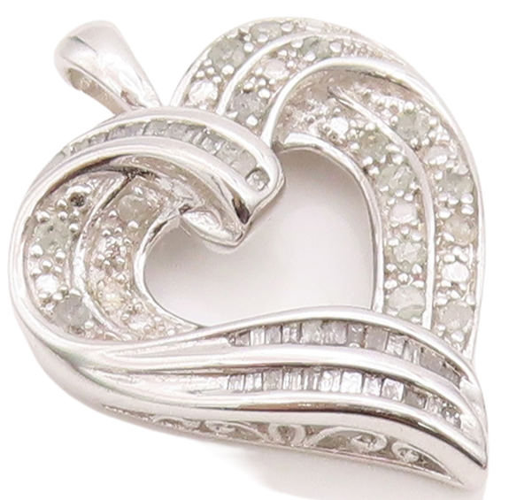 925 Sterling Silver Vintage Pendant Real Diamonds Inlay Cutout Heart  PT23508
