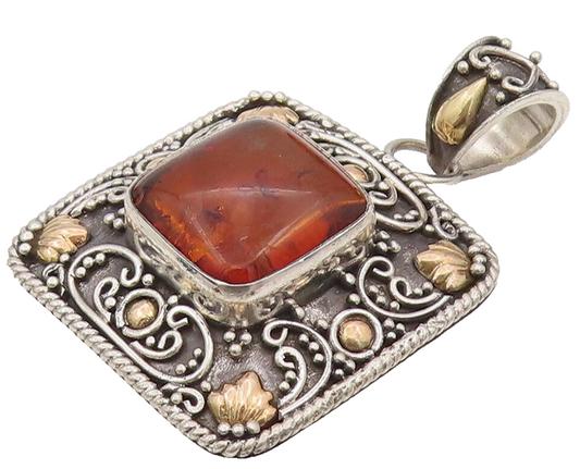 18k GOLD & 925 Silver  Vintage Square Bali Swirly Amber Pendant  PT22173