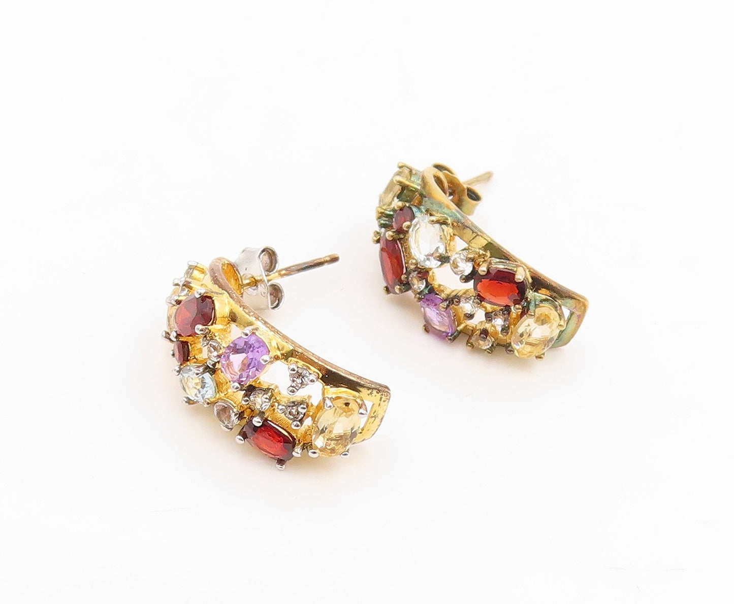 925 Sterling Silver Vintage Earrings Gold Plated Multi Gemstone Hoops  EG14325