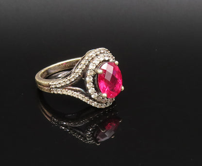 925 Sterling Silver  Vintage Fancy Red & White Topaz Halo Ring Sz 6  RG25891