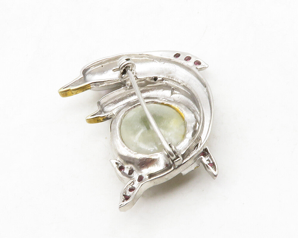 925 Sterling Silver  Vintage Quartz & Red Topaz Dolphins Brooch Pin  BP4904
