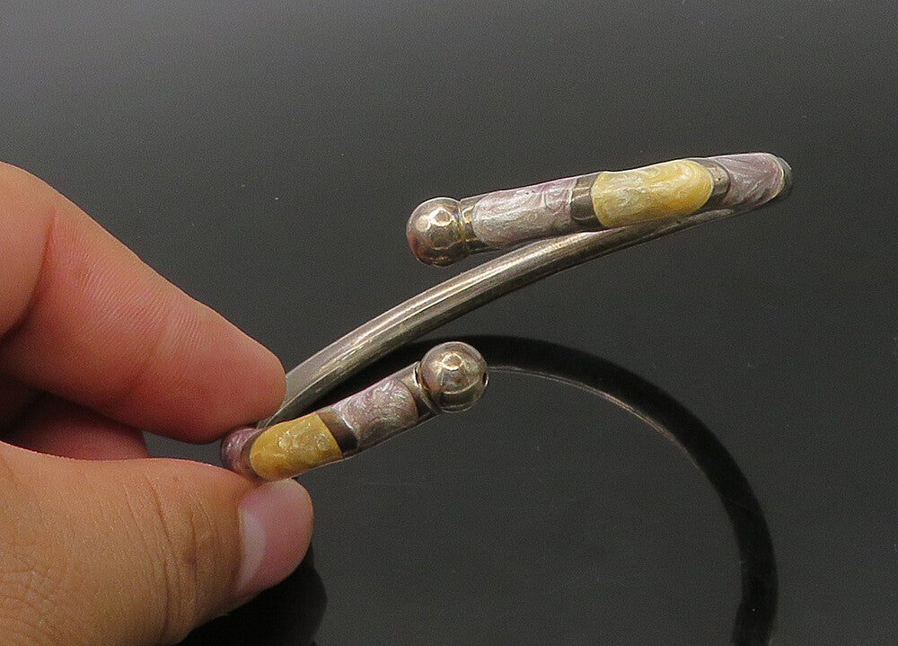 925 Sterling Silver  Vintage Enamel Detail Bypass Cuff Bracelet  BT8863