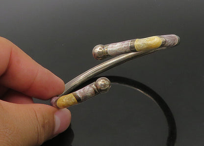 925 Sterling Silver  Vintage Enamel Detail Bypass Cuff Bracelet  BT8863
