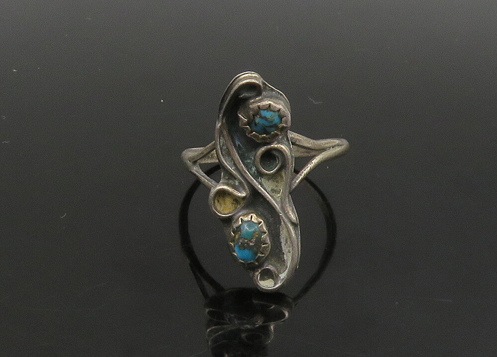 NAVAJO  925 Silver   Vintage Petite Turquoise Swirl Band Ring Sz 6.5  RG23173