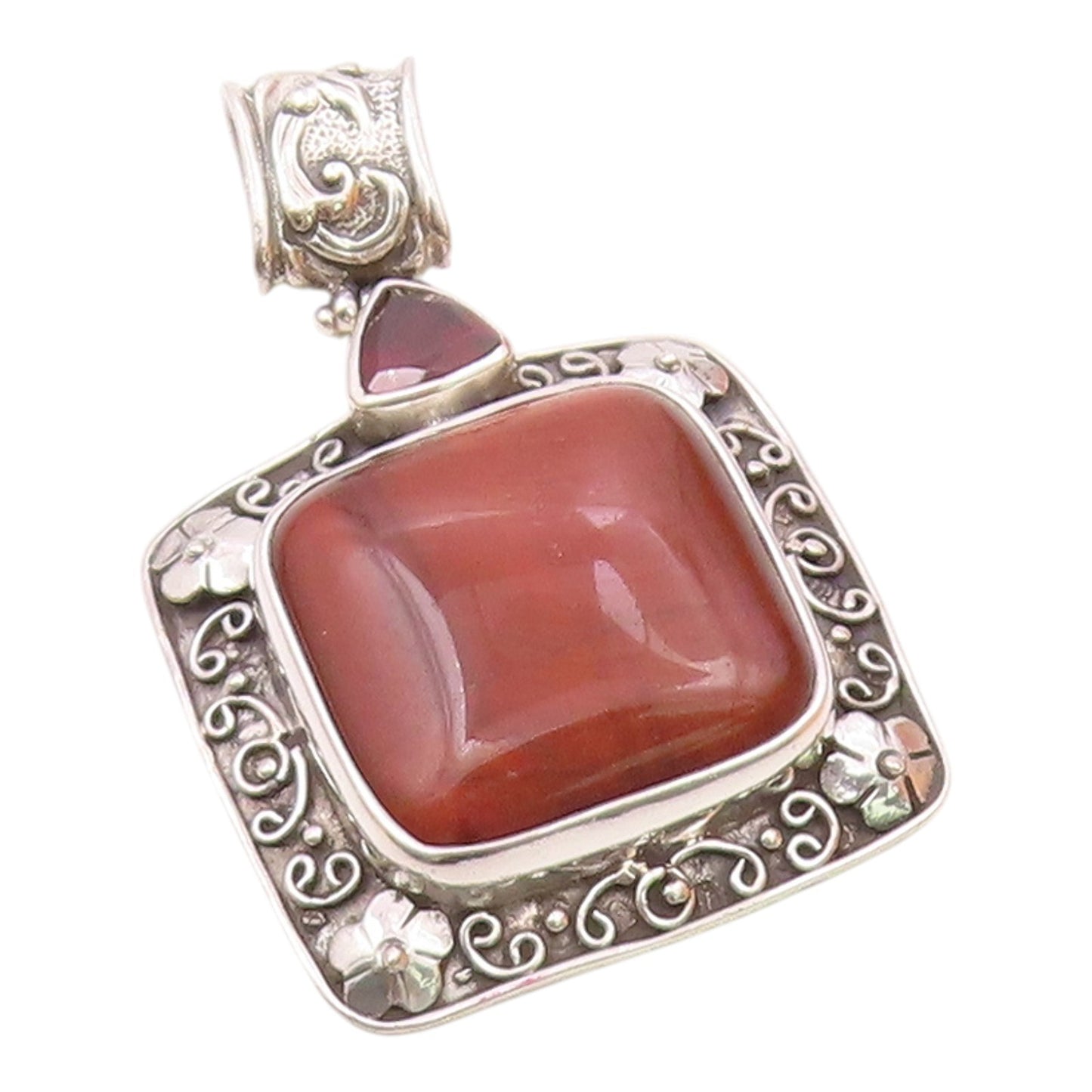 925 Silver  Vintage Tiger's Eye & Garnet Floral Swirl Border Pendant  PT21865