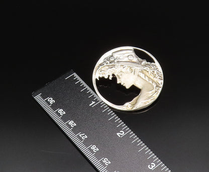925 Sterling Silver Vintage Open Circle Lady With Floral Hat Brooch Pin BP9757