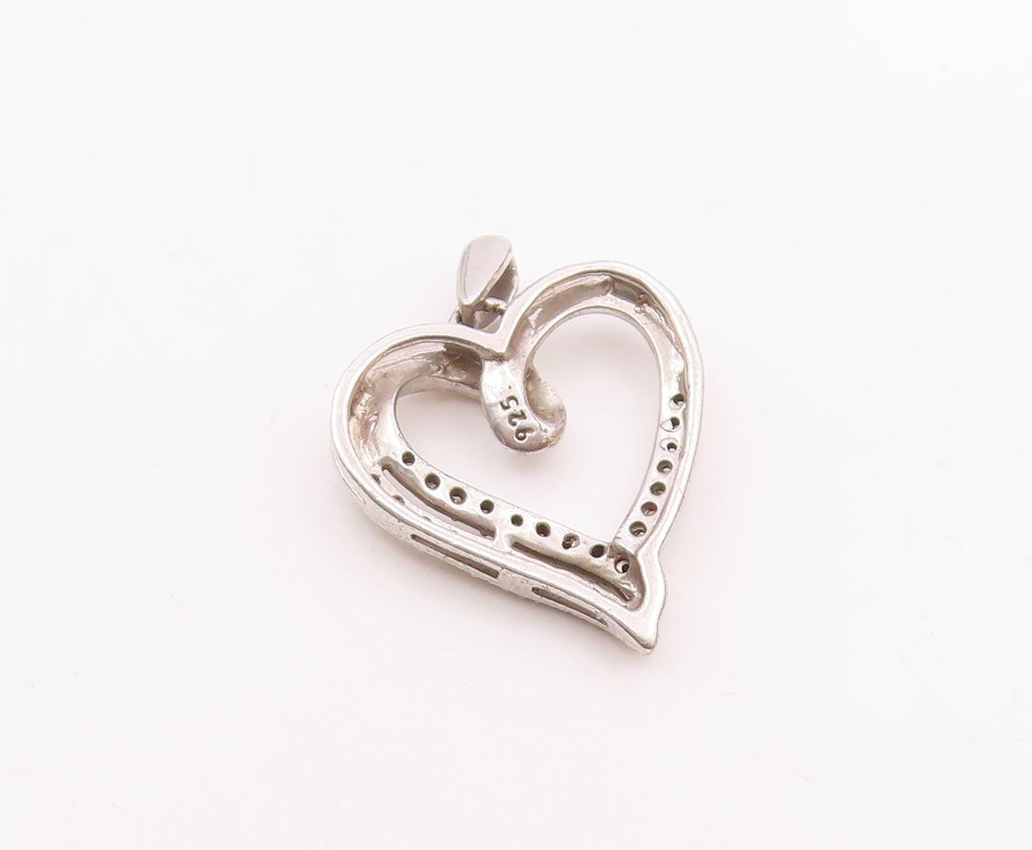 925 Sterling Silver  Vintage Genuine Diamonds Open Love Heart Pendant  PT19467