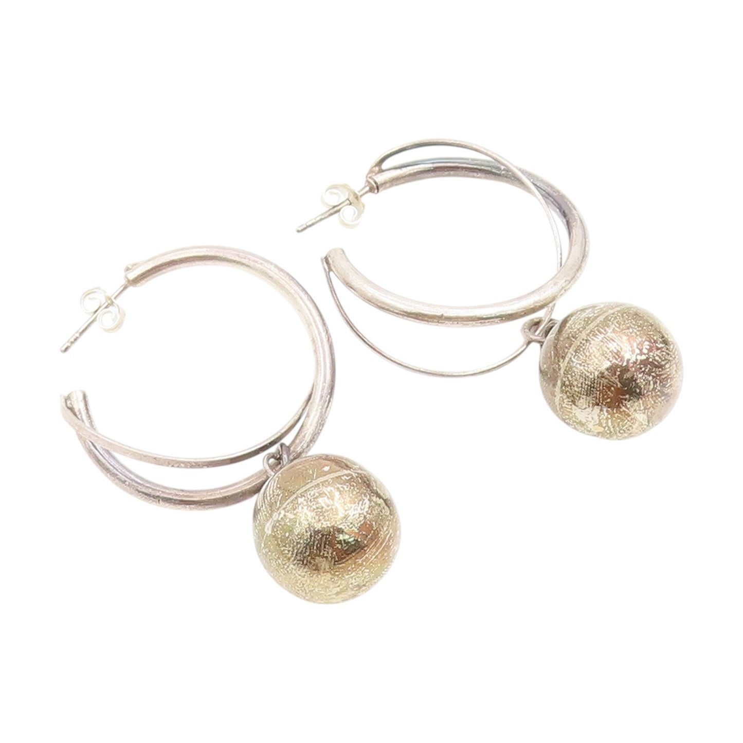 925 Sterling Silver Vintage Earrings Double Hoop Geometric Sphere Dangle EG13757