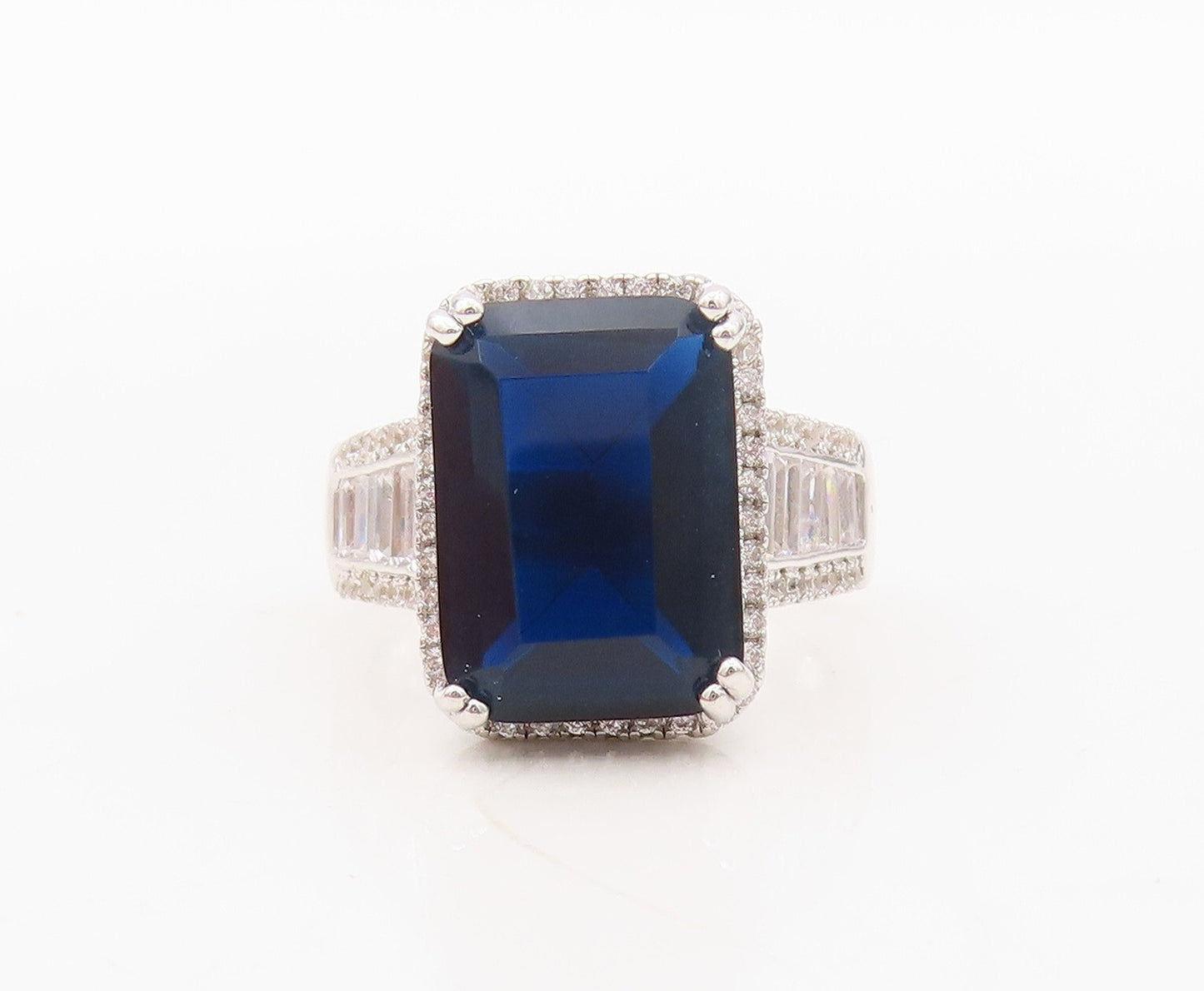 925 Sterling Silver Vintage Ring Rectangle Sapphire & CZ Inlay  Sz 7.5  RG30374