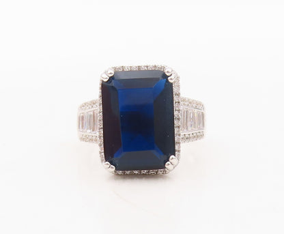 925 Sterling Silver Vintage Ring Rectangle Sapphire & CZ Inlay  Sz 7.5  RG30374