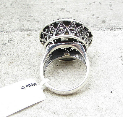 925 Sterling Silver  Mother of Pearl & Marcasite Filigree Ring Sz 7.5  RG1420