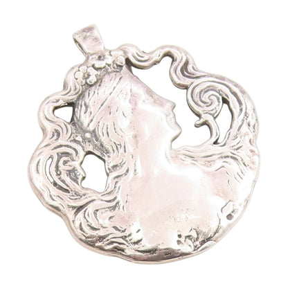 925 Sterling Silver Vintage Pendant Art Nouveau Woman With Flowing Hair  PT25423