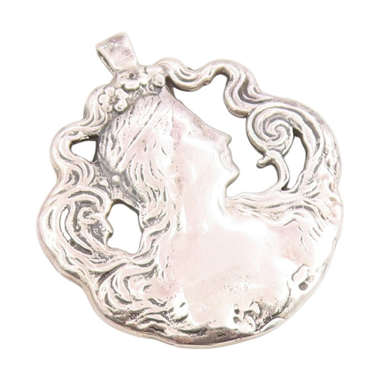 925 Sterling Silver Vintage Pendant Art Nouveau Woman With Flowing Hair  PT25423