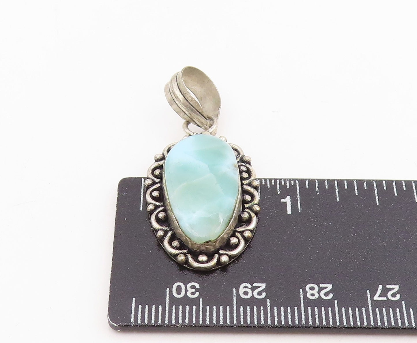 925 Sterling Silver Vintage Pendant Cabochon Larimar Scrollwork Drop  PT25790