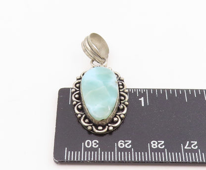925 Sterling Silver Vintage Pendant Cabochon Larimar Scrollwork Drop  PT25790