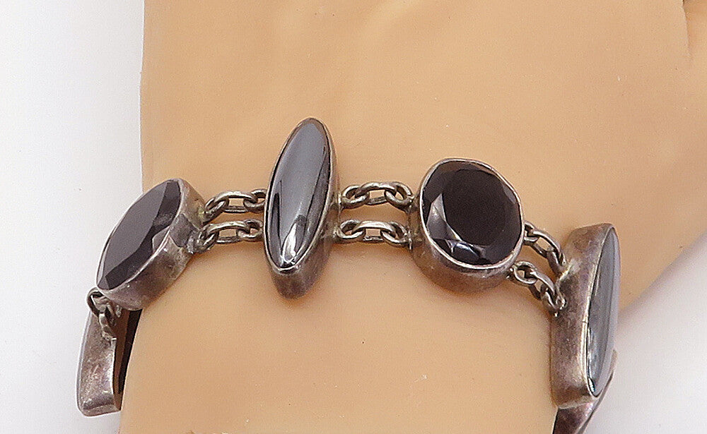 925 Sterling Silver Vintage Hematite Multi Shape Link Chain Bracelet BT3148