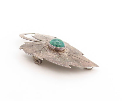925 Sterling Silver Vintage Brooch ISRAEL Turquoise Etched Grape Leaf  BP11859