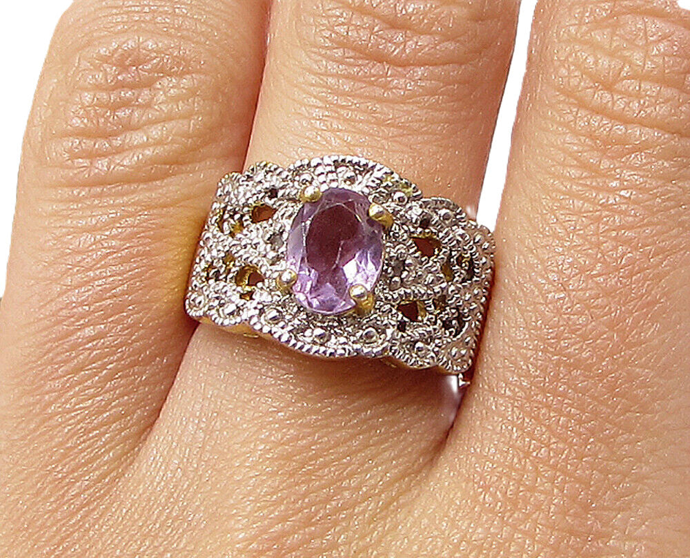 Gold Over 925 Silver  Amethyst & Genuine Diamonds Band Ring Sz 7  RG3205