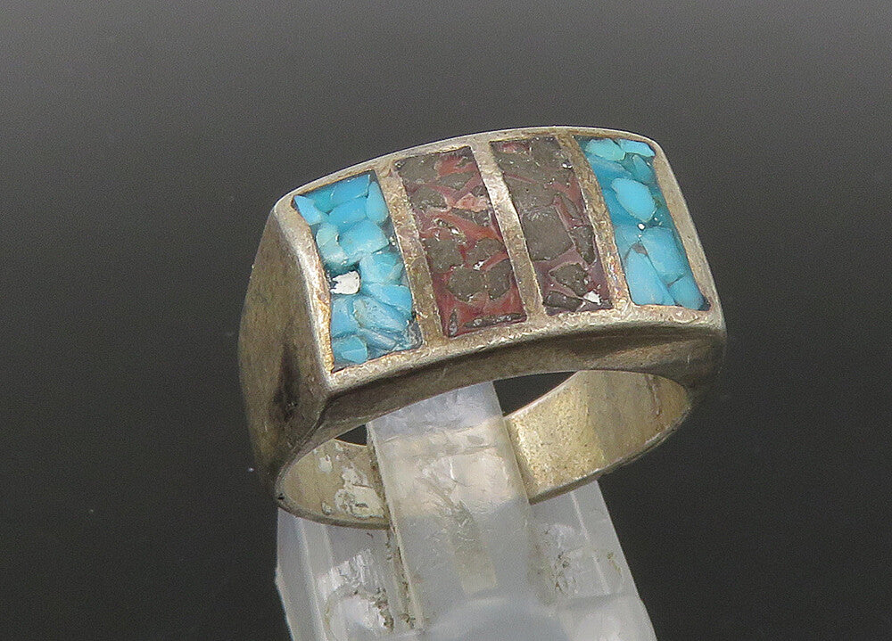 SOUTHWESTERN 925 Silver Vintage Turquoise & Jasper Band Ring Sz 8 RG22966