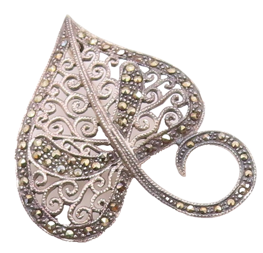925 Sterling Silver  Vintage Marcasite Swirl Floral Leaf Brooch Pin  BP8235