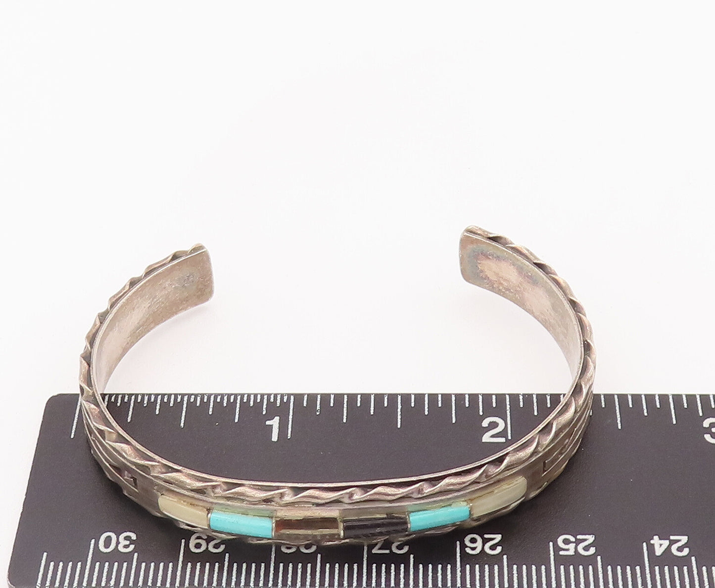 925 Sterling Silver Vintage Bracelet NAVAJO ZUNI Cylinder Shape Gemstone BT10387